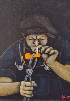 A shipyard riveter lighting his tab with a red hot rivet!