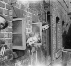 black and white photograph taken in the back yard of South Shields Public Library (South Shields Museum and Art Gallery since 1976), about late 1950s
