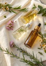 Three bottles of oil and green plants and flower laid on a white cloth