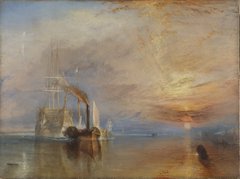 Oil painting by William Turner, showing a ship at sunset being tugged by two steam boats.
