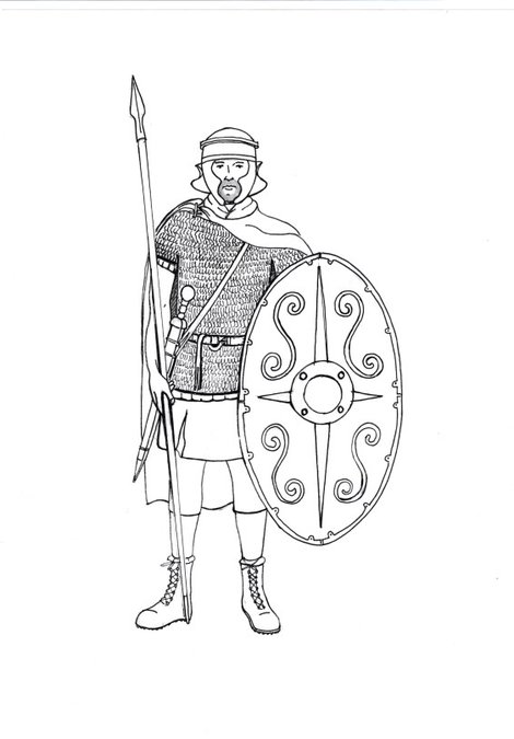 A drawing showing the clothing and weapons used by infantry soldiers