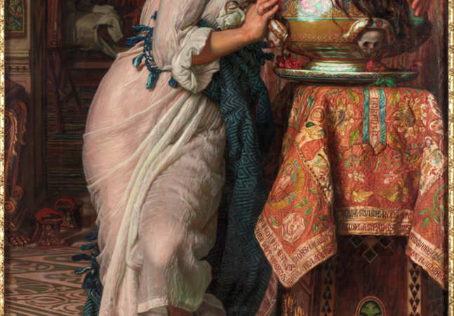 A painting of a woman with long dark hair holding a large pot of basil.