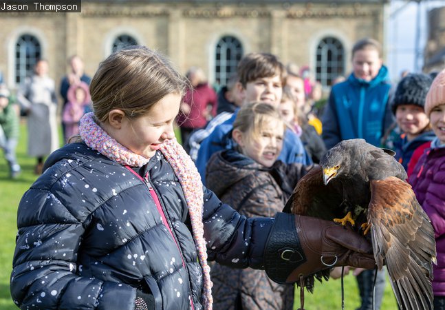 Children outside holding birds of prey at Woodorn 