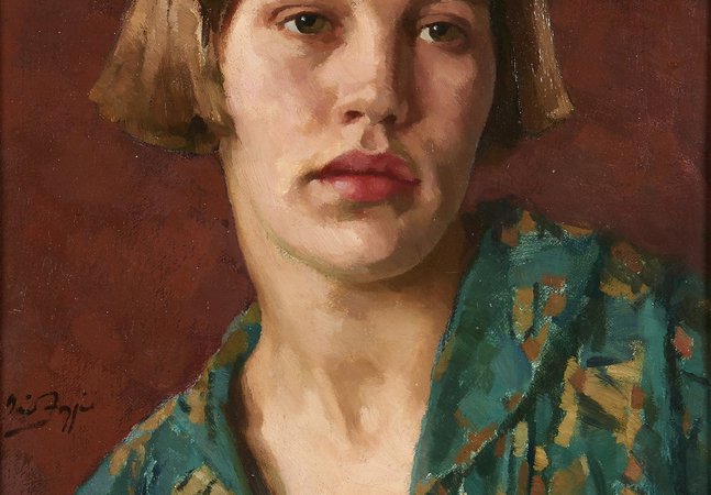 portrait of a young girl with 1920s bob style haircut. She is dressed in an emerald green blouse with yellow flowers and painted against a dark brown background.