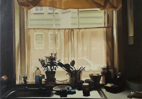 Painting of a kitchen window, with sink taps and a sheer curtain covering the window