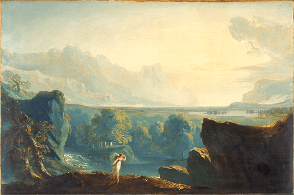 A painting of a young woman in a sublime landscape. A painting of a young woman in a sublime landscape.