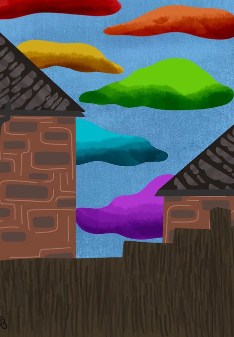 A digital drawing of a fence, two houses and the sky. The sky has several clouds in various colours.