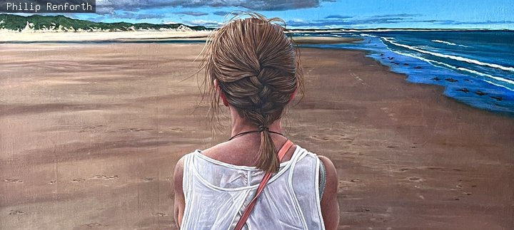 A painting of a girl sat on a beach facing the sea