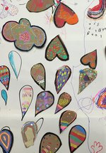 A selection of colourful hearts and raindrops.