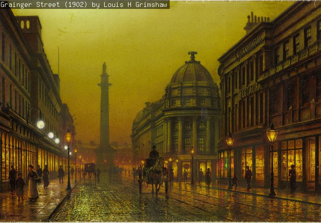 A painting of Grainger Street, Newcastle upon Tyne showing a horse and cart