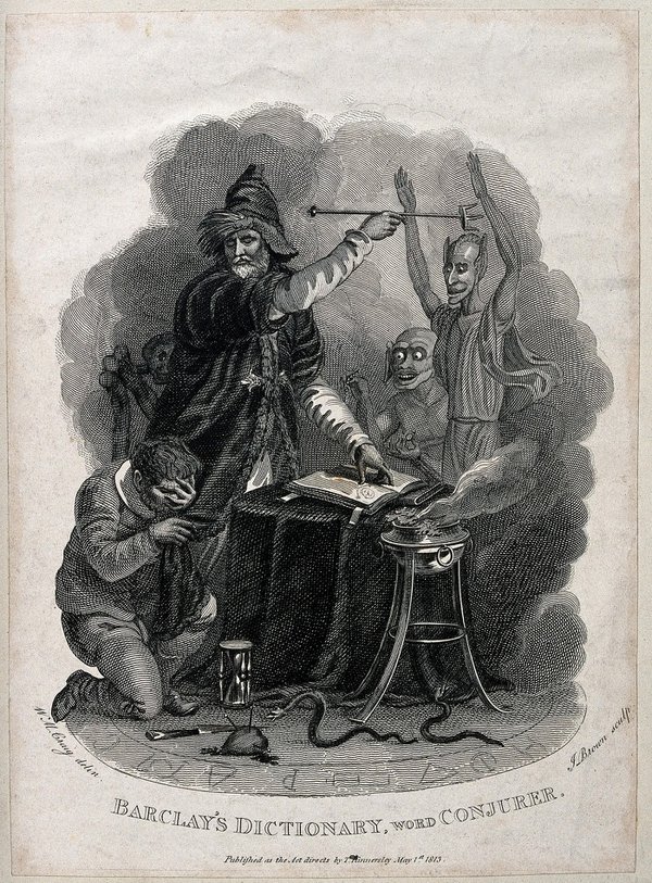 A conjurer casting spells with his wand and fire surrounded by a kneeling man and demons within the magic circle. Engraving by J. Brown after W.M. Craig, 1813. 