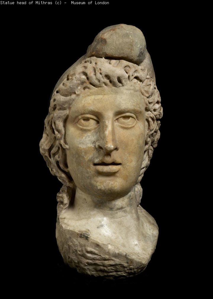 A statue head of the ancient Persian god Mithras, from the Museum of London collections