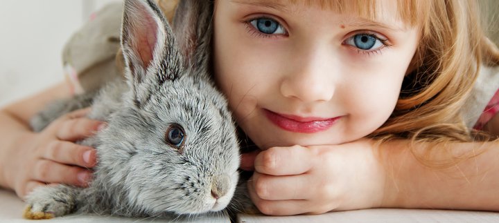 girl cuddles small bunny