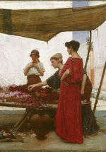 An oil painting of three women looking at flowers in an outdoor market. Another woman works the stall and sits on a small stool.