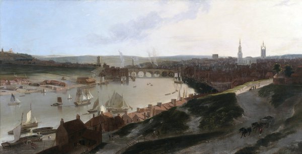 A painting of the river Tyne flowing through Newcastle. There are ships on the water and buildings riverside.