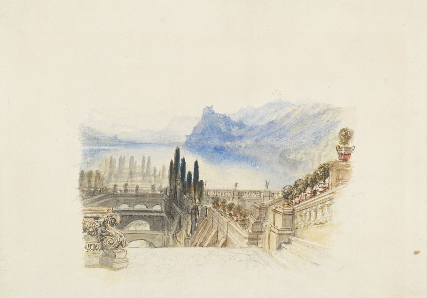 A watercolour of a palazzo with Lake Como in the background.