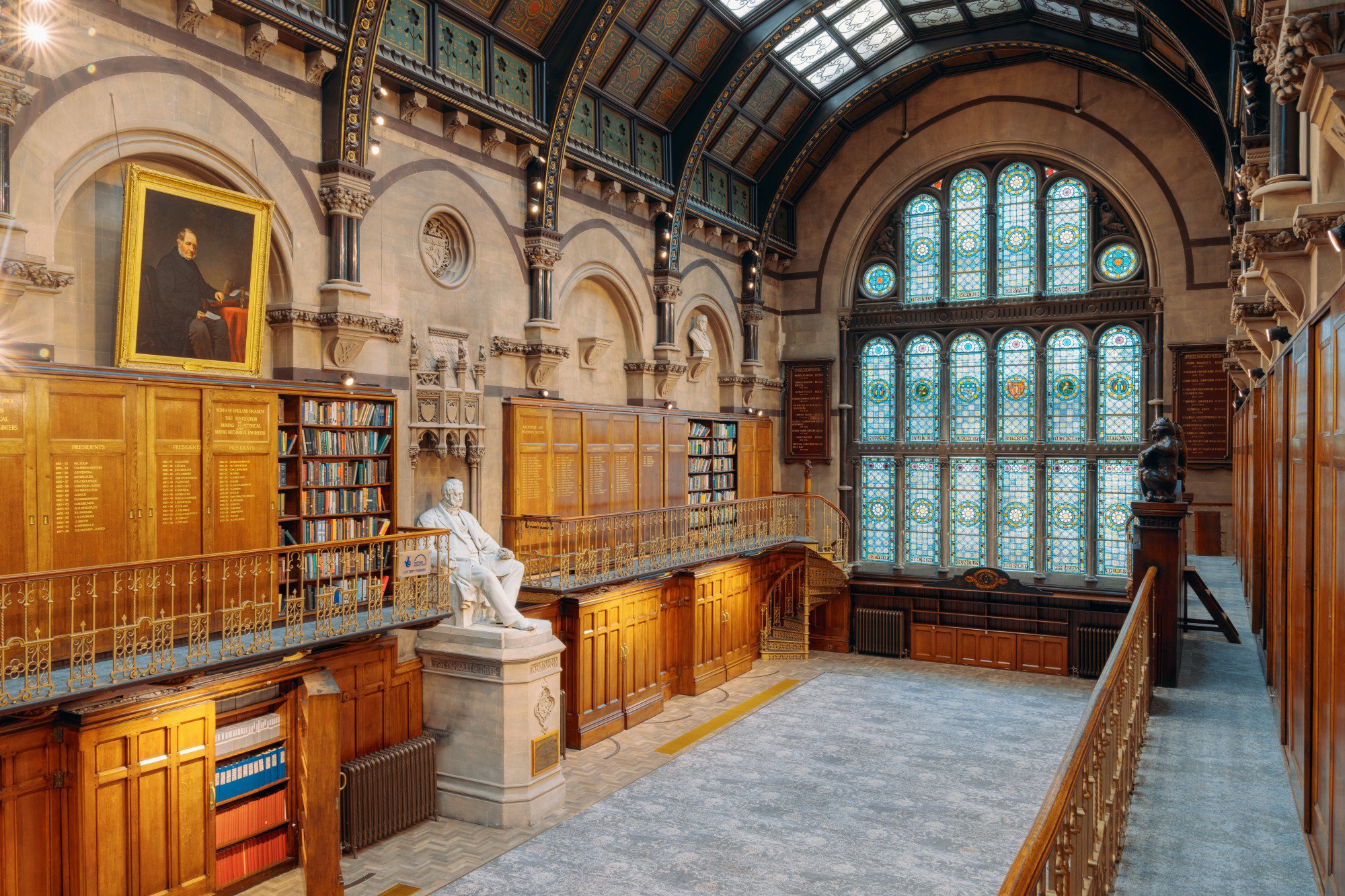 Large hall with stained glass window. Large hall with stained glass window.