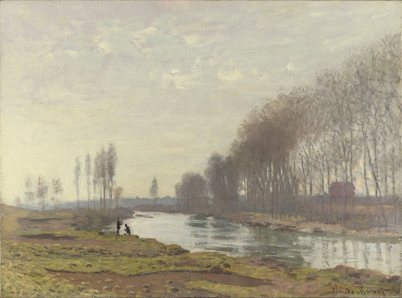 Oil painting of a landscape scene. Two distant figures visible next to a river lined by trees.