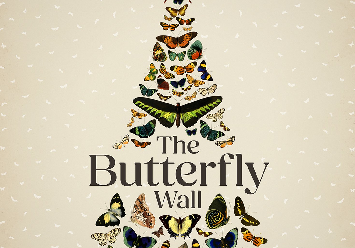 Illustrated butterflies in the shape of a tree. Includes the words The Butterfly Wall.