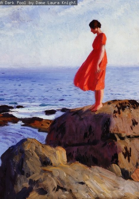 A painting of a girl standing on the edge of a rock pool, entitled 'A Dark Pool' by the artist Dame Laura Knight