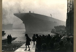 HMS Albion afloat on the River Tyne after launch by Swan Hunter and Wigham Richardson Ltd 1947