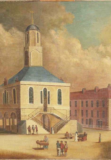 Far side of the square is St Hilda's Church (about 1800), shown as it looked before it was remodelled in 1810. Women in the Market Place are dressed in the fashions of about 1800 to 1810.