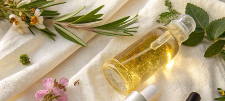 Three bottles of oil and green plants and flower laid on a white cloth