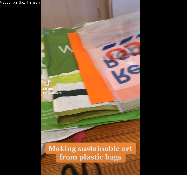 A thumbnail from a tik tok video. The titles shows as Making Sustainable Art from plastic bags