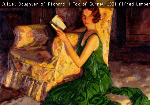 Juliet, Daughter of Richard H Fox of Surrey, reading in the glow of a fire