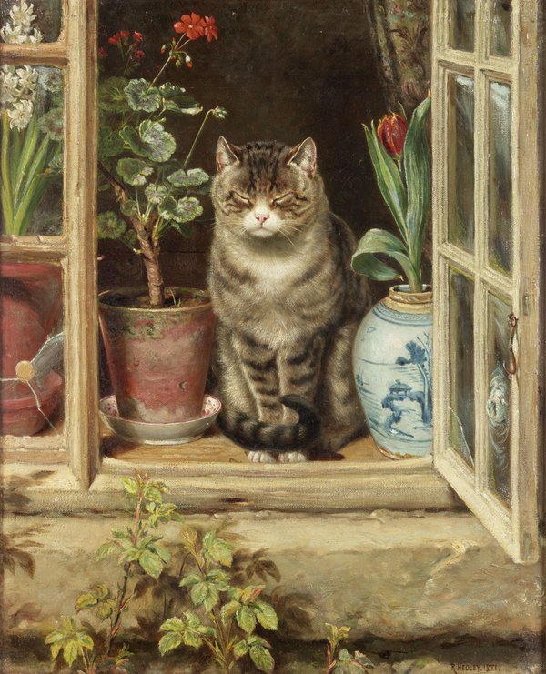 A painting of a cat sitting in a window surrounded by potted plants.