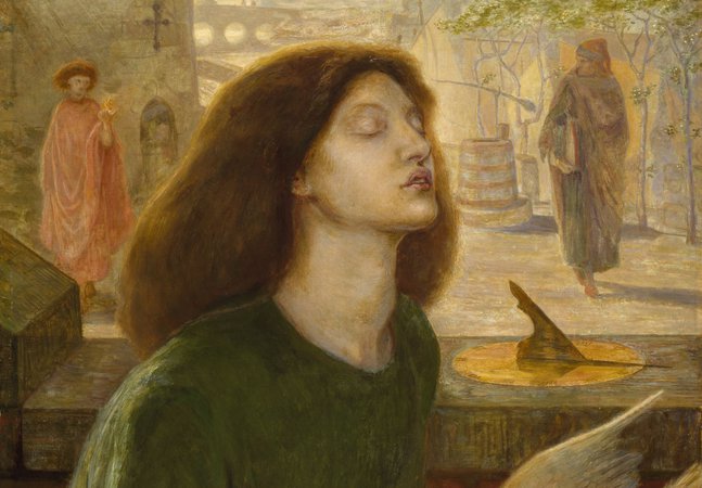 An oil painting of Beatrice Portinari at the moment of her death. She has dark brown hair and a bird deposits flowers into her hand.