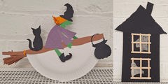 Two photographs of crafts . On the left is a witch riding a broomstick and on the right is a haunted house. Both are made of paper.