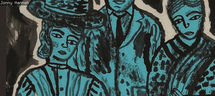 A painting of people against a blue background 