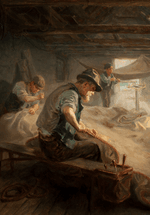 An oil painting of four men mending sails.