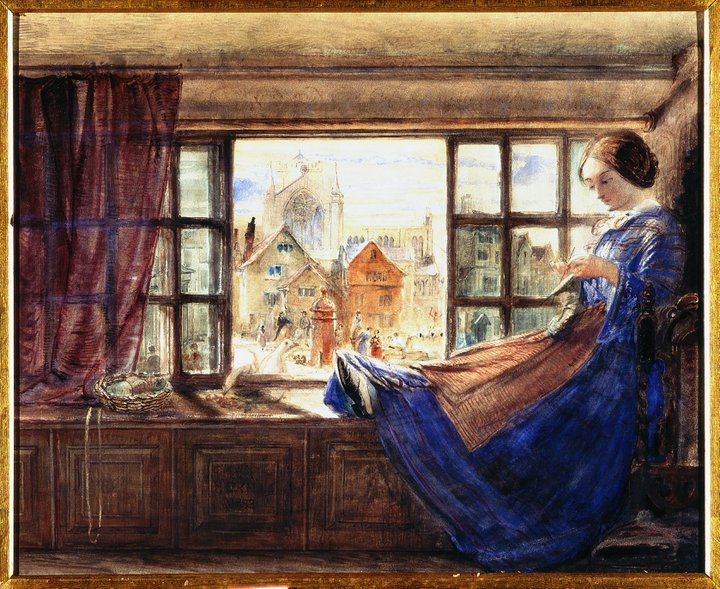 A young woman in a blue dress knitting in a window that overlooks Hexham.