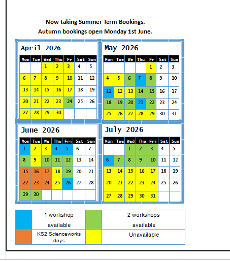 This is an availability Calendar for Discovery Museum School Workshops - please contact the learning team if more accessible information is required