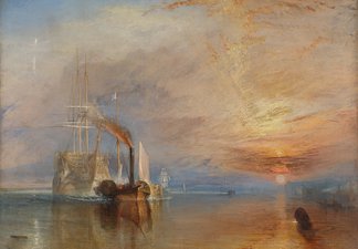 A painting by William Turner which shows the final journey of the ship as it is towed along the river Thames by a modern paddle-wheel steam tug in 1838, towards its final berth in Rotherhithe to be broken up for scrap.