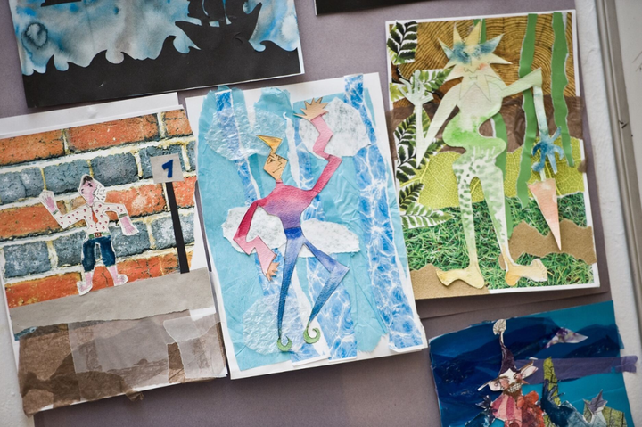 Several collages made by children featuring graphic interpretations of the human form.