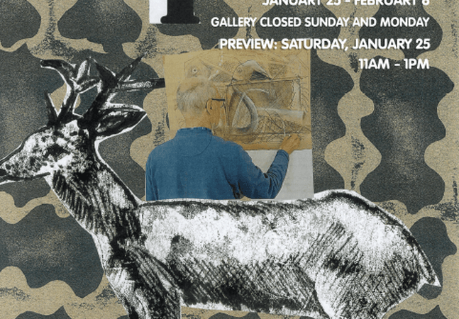 A poster featuring a collage of a stag in front of a printed background. It also features an older man in the process of drawing.