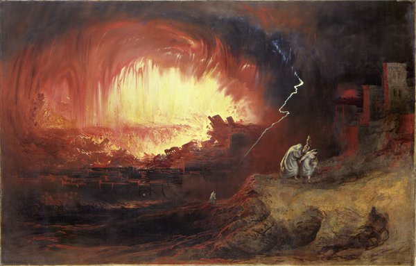 A painting of Lot and his daughters fleeing catastrophic destruction.