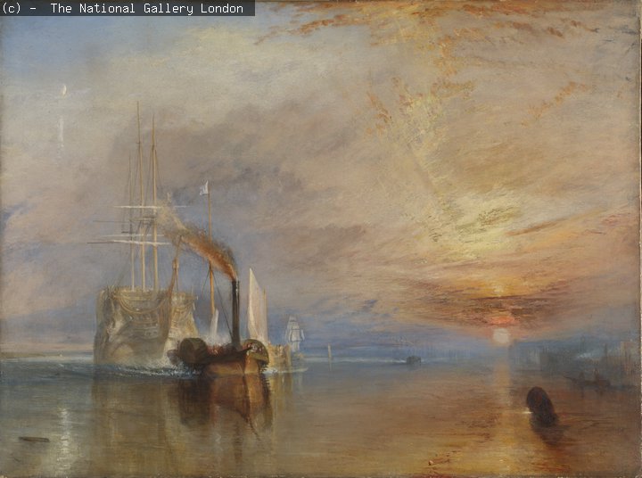 Oil painting by William Turner, showing a ship at sunset being tugged by two steam boats.