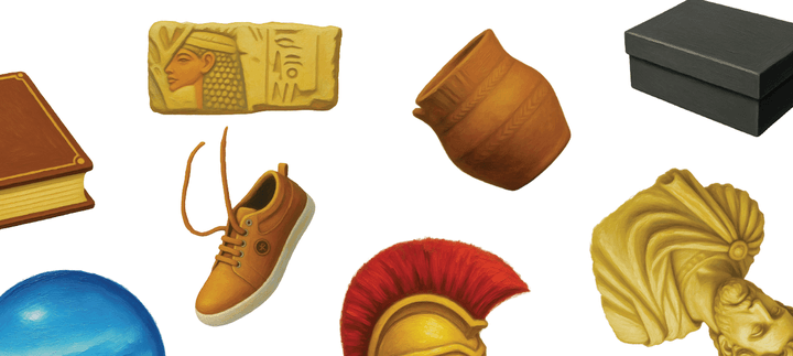 A graphic includes illustrations of museum objects including a shoe, a bust, a box, a vase and a book.