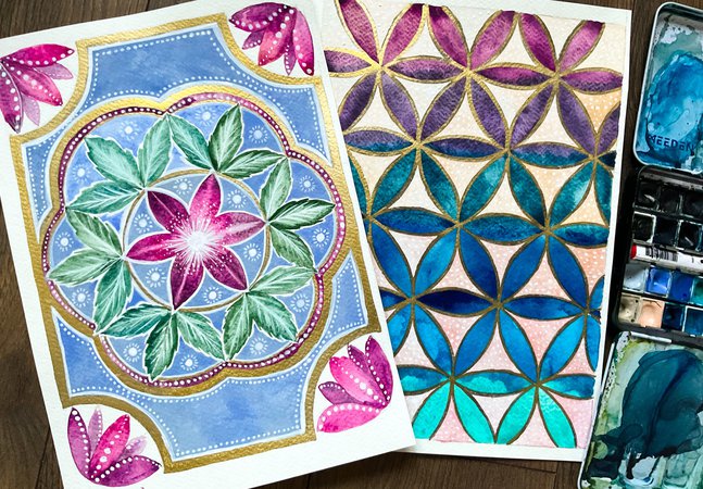 A selection of different watercolour paintings in geometric shapes.