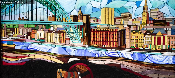Glass painting of the Tyne Bridge and mining past 
