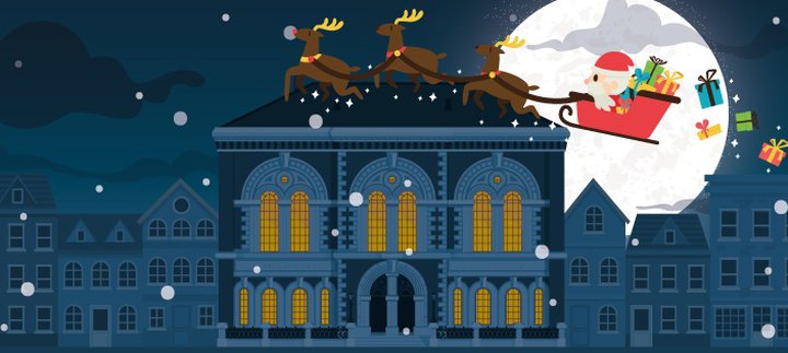 Graphic of Santa flying above the museum