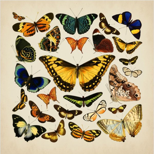 Lots of colourful illustrated butterflies of different sizes
