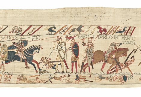 Image shows a section of the original Bayeux Tapestry © La Fabrique de patrimoines en Normandie / Antoine Cazin