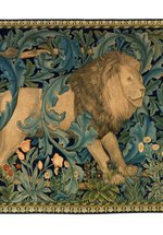 A tapestry that depicts a lion, peacock, hare, and fox.