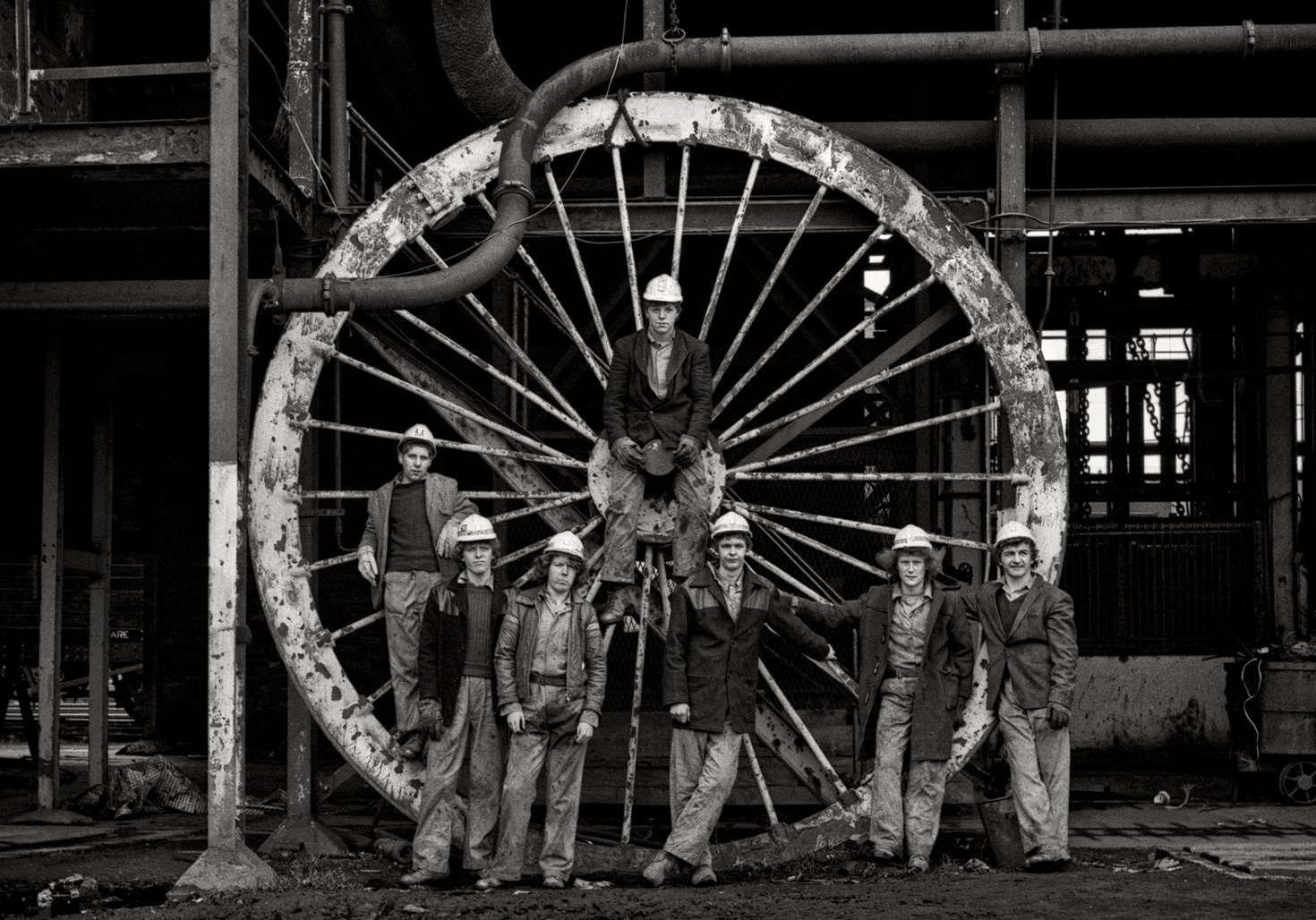 Mining apprentices with Winding Wheel, Ashington Colliery