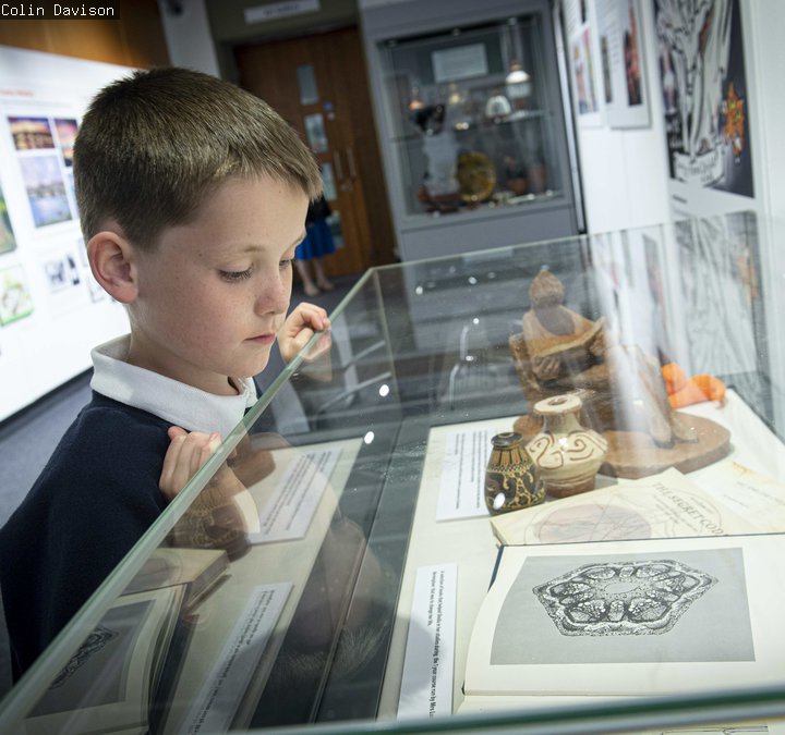 A boy is looking at artwork at the Sheila Graber exhibition in the gallery space at South Shields Museum